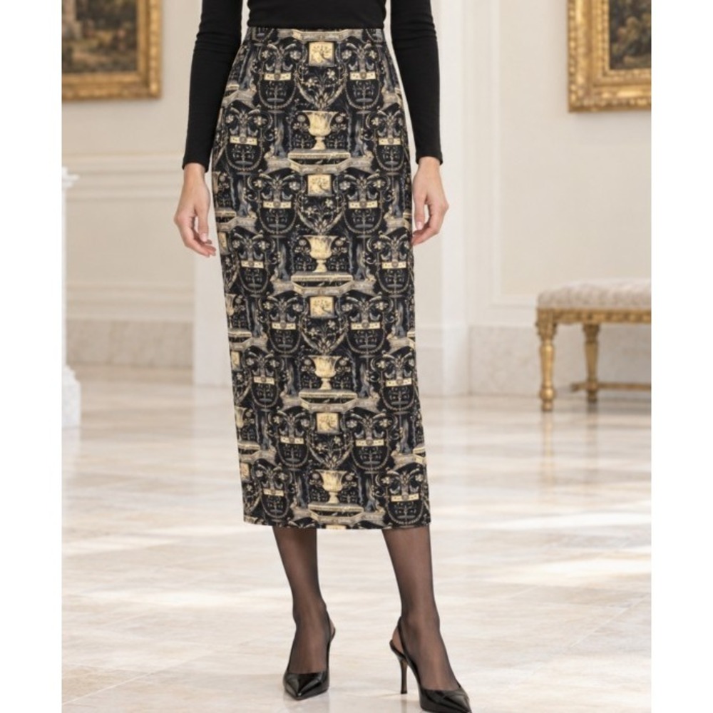 Talbots Classical Scrollwork Midi Skirt 6 Black Gold 90s Old Money Maximalist